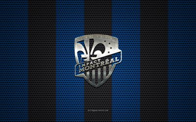 Montreal Impact FC logo, Canadian soccer club, metal emblem, blue-black metal mesh background, Montreal Impact FC, NHL, Montreal, Quebec, Canada, USA, soccer
