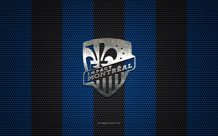 Montreal Impact FC logo, Canadian soccer club, metal emblem, blue-black metal mesh background, Montreal Impact FC, NHL, Montreal, Quebec, Canada, USA, soccer