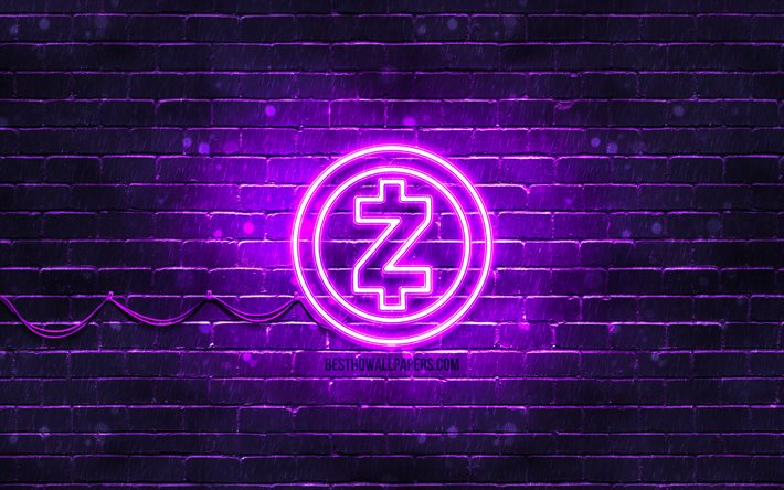 Zcash violet logo, 4k, violet brickwall, Zcash logo, cryptocurrency, Zcash neon logo, cryptocurrency signs, Zcash