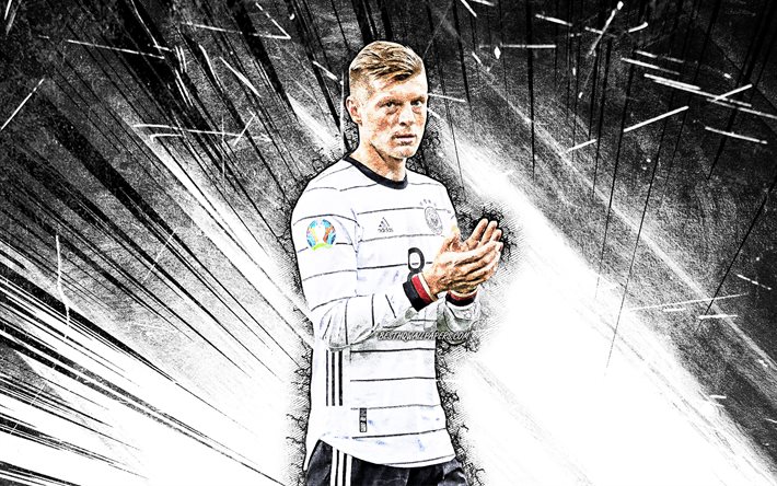 Toni Kroos, 4k, grunge konst, Tyskland Landslaget, fotboll, fotbollsspelare, Kroos, vit abstrakt str&#229;lar, Tysk fotboll, Toni Kroos 4K