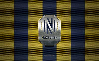 Nashville SC logo, American soccer club, metal emblem, Nashville SC new logo 2020, yellow-blue metal mesh background, Nashville SC, NHL, Nashville, Tennessee, USA, soccer