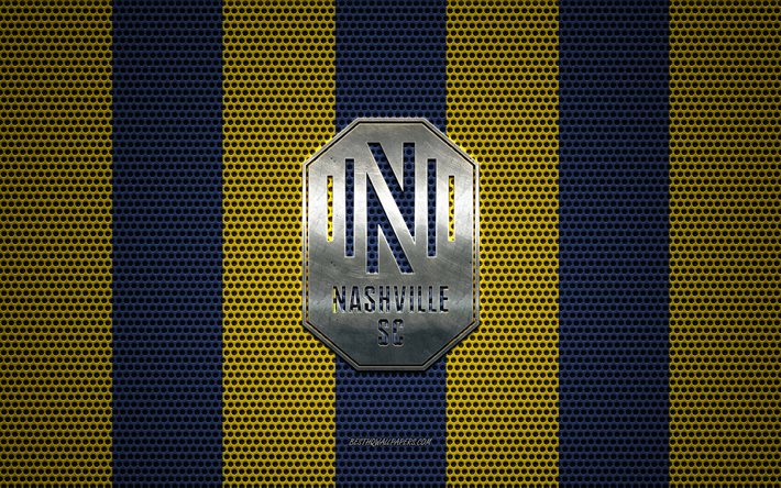 ナッシュビルSCマーク, アメリカのサッカークラブ, 金属エンブレム, ナッシュビルSC新ロゴマークを2020年までの, 黄色-青色のメタルメッシュの背景, ナッシュビルSC, ヴ, ナッシュビル, テネシー, 米国, サッカー