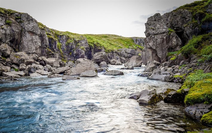 vuori joen, kivi&#228;, mountain maisema, illalla, kivet, river, Islanti