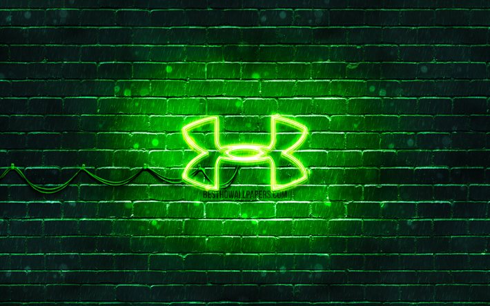 Under Armour green logo, 4k, green brickwall, Under Armour logo, sports brands, Under Armour neon logo, Under Armour