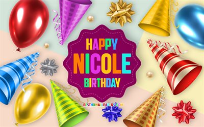 Happy Birthday Nicole, 4k, Birthday Balloon Background, Nicole, creative art, Happy Nicole birthday, silk bows, Nicole Birthday, Birthday Party Background