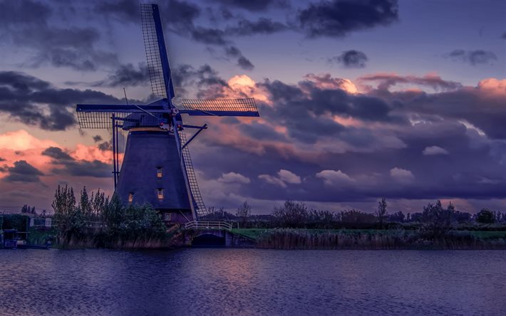 mill, evening, sunset, river, beautiful sunset, Netherlands