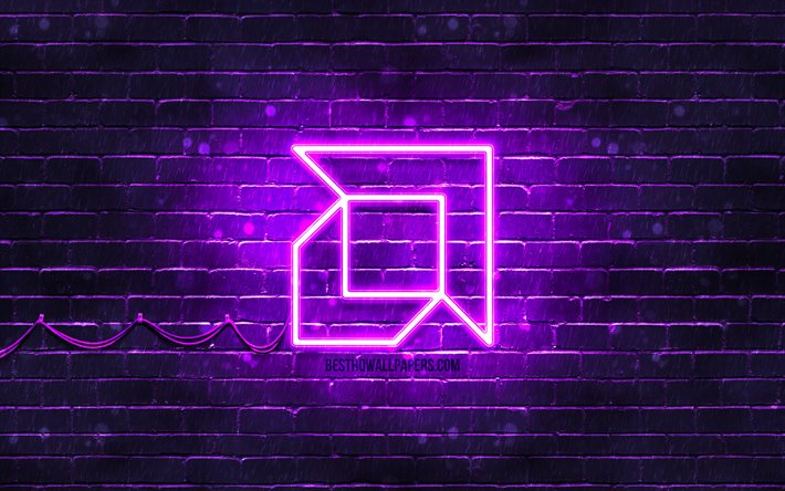 AMD violet logo, 4k, violet brickwall, AMD logo, brands, AMD neon logo, AMD