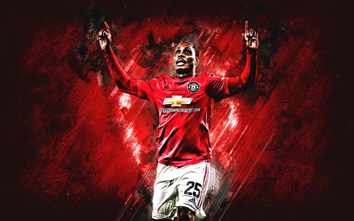 Odion Ighalo, Manchester United FC, Nigerian jalkapalloilija, muotokuva, punainen kivi tausta, jalkapallo, Premier League, Englanti