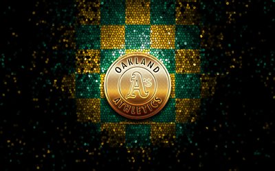 Oakland Athletics, glitter-logo, MLB, keltainen vihre&#228; ruudullinen tausta, USA, amerikkalainen baseball-joukkue, Oakland Athletics-logo, mosaiikki taidetta, baseball, Amerikassa