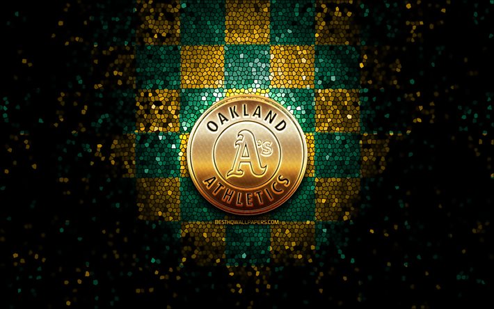Oakland Athletics, glitter logo, MLB, yellow green checkered background, USA, american baseball team, Oakland Athletics logo, mosaic art, baseball, America