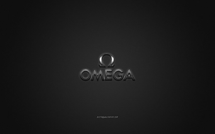 Omega logo, metal emblem, apparel brand, black carbon texture, global apparel brands, Omega, fashion concept, Omega emblem