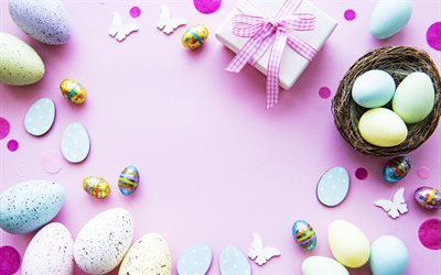 Easter concepts, 4k, easter eggs, easter attributes, Happy Easter, creative, violet backgrounds, gift boxes, easter frames