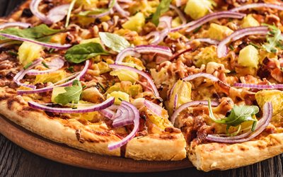 pizza avec de la viande et de l&#39;ananas, de la restauration rapide, de la viande, des pizzas, des plats savoureux, de la pizza