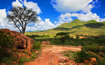 Kenya, paesaggio di montagna, estate, sera, tramonto, strada di montagna, marrone rocce, Africa