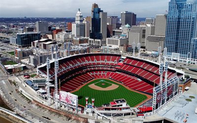 Great American Ball Park, baseball stadium, Cincinnati Reds stadium, Cincinnati, Ohio, MLB, baseball, Cincinnati cityscape, skyscrapers, Cincinnati Reds, Major League Baseball, USA