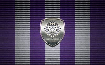 Orlando City SC logo, American soccer club, metal emblem, violet-white metal mesh background, Orlando City SC, NHL, Orlando, Florida, USA, soccer