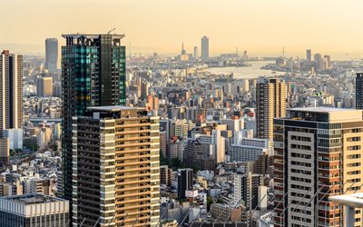 Osaka, akşam, G&#252;n batımı, g&#246;kdelenler, Metropol, modern binalar, şehir Osaka, Japonya