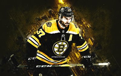 Patrice Bergeron, Boston Bruins, NHL, Canadian hockey player, portrait, yellow stone background, hockey