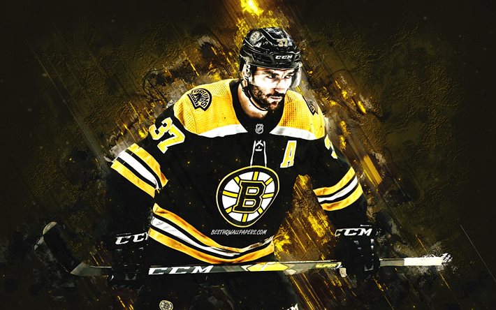 Patrice Bergeron, Boston Bruins, NHL, Canadian hockey player, portrait, yellow stone background, hockey