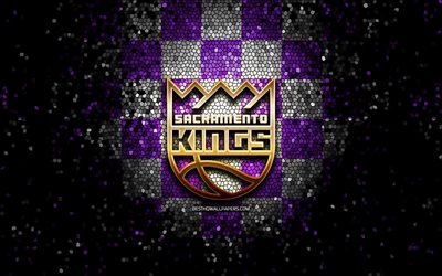 Sacramento Kings, glitter logo, NBA, violet gray checkered background, USA, american basketball team, Sacramento Kings logo, mosaic art, basketball, America