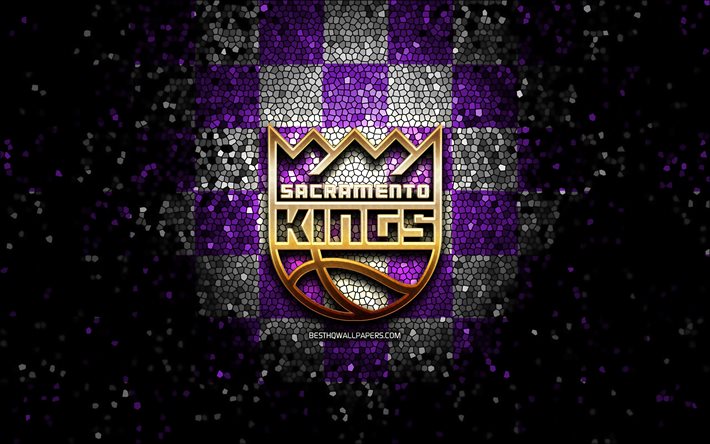 Sacramento Kings, glitter-logo, NBA, violetti harmaa ruudullinen tausta, USA, amerikkalainen koripallo joukkue, Sacramento Kings-logo, mosaiikki taidetta, koripallo, Amerikassa