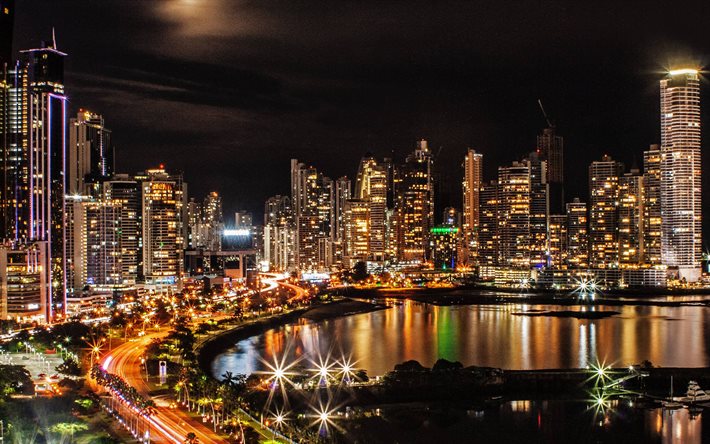 Panama, Bicsa Financial Center, Arts Tower, Ocean Two, Pearl Tower, skyscrapers, night, Panama cityscape, modern buildings, capital of Panama