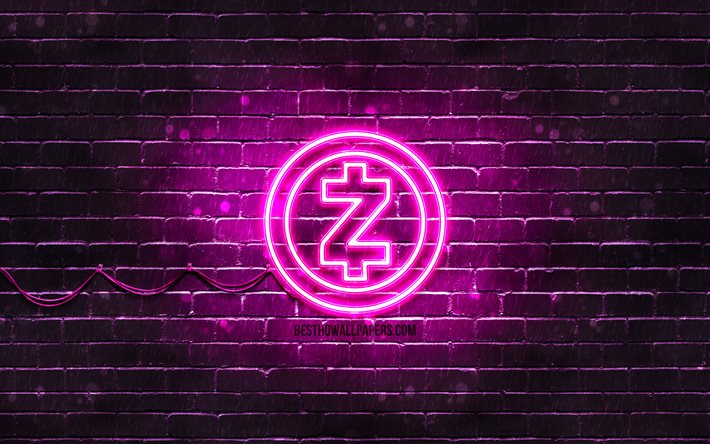 Zcash purple logo, 4k, purple brickwall, Zcash logo, cryptocurrency, Zcash neon logo, cryptocurrency signs, Zcash
