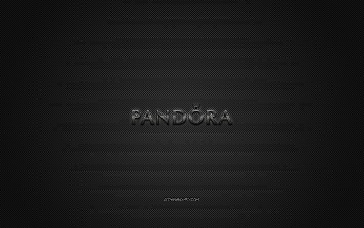 pandora-logo-metall-emblem -, bekleidungs-marke, schwarz-carbon-textur, die globale bekleidungs-marken, pandora, mode-konzept, pandora emblem