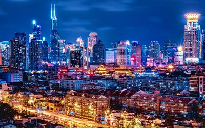 上海, 4k, nightscapes, 大都市, 近代ビル, 高層ビル群, 中国, アジア, 上海の夜