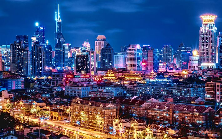 Shanghai, 4k, natt, metropol, moderna byggnader, skyskrapor, Kina, Asien, Shanghai p&#229; natten