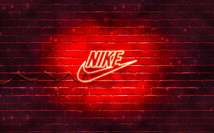 Nike red logo, 4k, red brickwall, Nike logo, sports brands, Nike neon logo, Nike