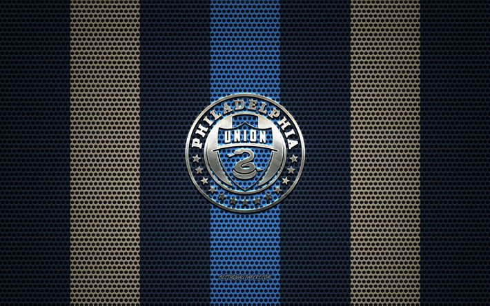 Philadelphia Union logosu, Amerikan Futbol Kul&#252;b&#252;, metal amblem, mavi-altın metal mesh arka plan, Philadelphia Union, NHL, Philadelphia, Pennsylvania, ABD, futbol