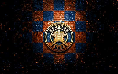 Houston Astros, glitter logotipo, MLB, azul laranja fundo quadriculado, EUA, americana time de beisebol, Baltimore e Houston Astros logotipo, arte em mosaico, beisebol, Am&#233;rica