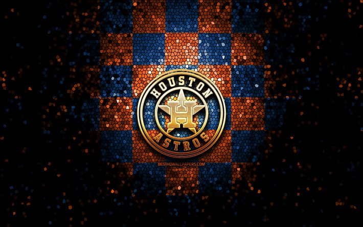 Houston Astros, glitter-logo, MLB, sininen oranssi ruudullinen tausta, USA, amerikkalainen baseball-joukkue, Baltimore Houston Astros-logo, mosaiikki taidetta, baseball, Amerikassa