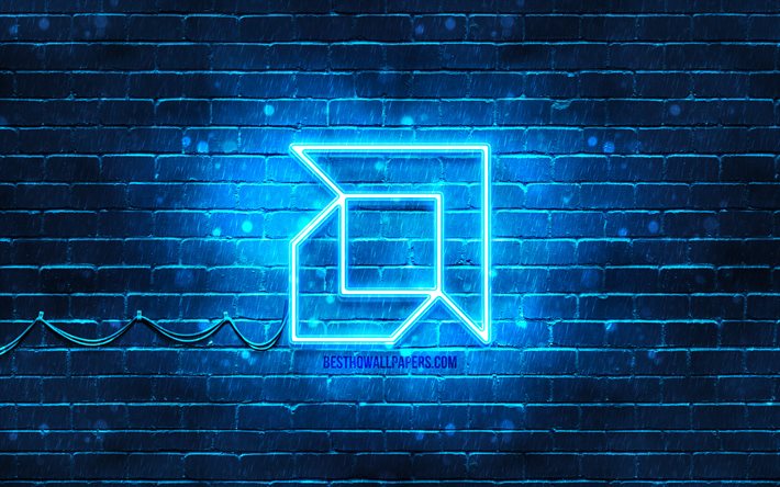 AMD blue logo, 4k, blue brickwall, AMD logo, brands, AMD neon logo, AMD