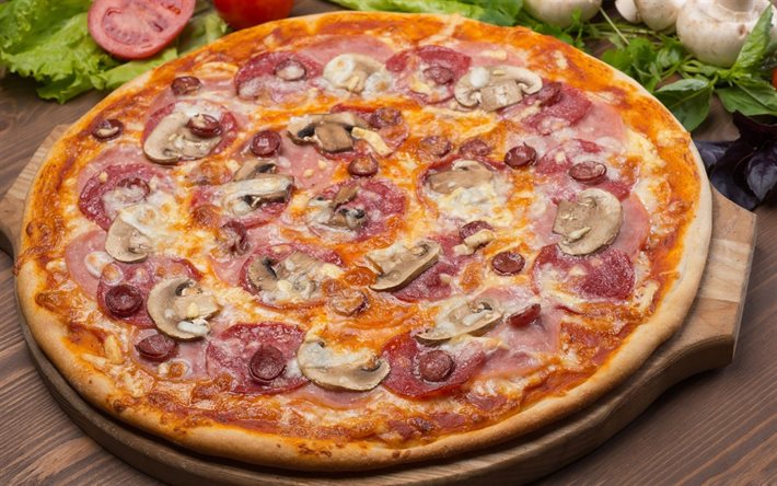 Pizza com cogumelos, comida r&#225;pida, pizza, comida deliciosa, pizza com lingui&#231;a e cogumelos