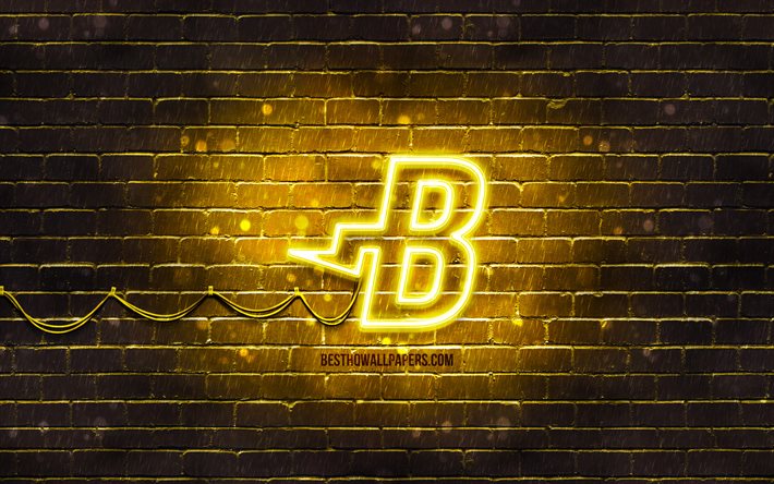Burstcoin logo jaune, 4k, jaune brickwall, Burstcoin logo, cryptocurrency, Burstcoin n&#233;on logo, cryptocurrency signes, Burstcoin