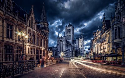 Pyh&#228;n Nikolauksen Kirkko, nightscapes, belgian kaupungit, Gent, Belgia, Euroopassa, HDR