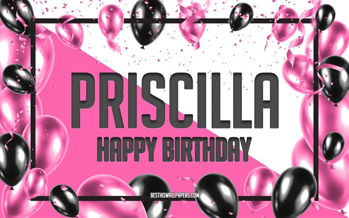お誕生日おめでメンバーが揃, お誕生日の風船の背景, プリシア, 壁紙名, プリシラのお誕生日おめで, ピンク色の風船をお誕生の背景, ご挨拶カード, プリシア誕生日