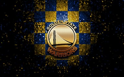 Golden State Warriors, glitter logo, NBA, blue yellow checkered background, USA, american basketball team, Golden State Warriors logo, mosaic art, basketball, America