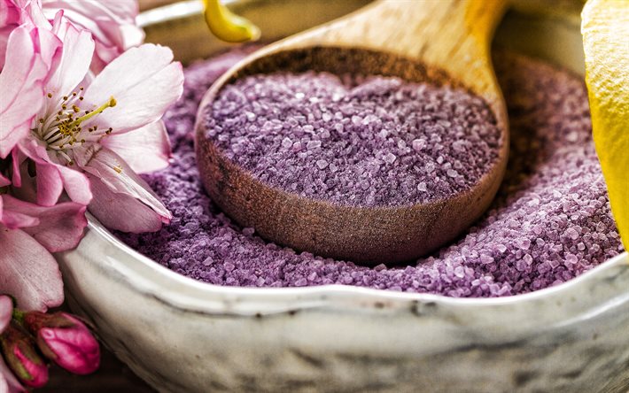 purple spa salt, wellness, spa accessories, spa, wooden spoon, spa salt