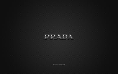 Prada logo, metal emblem, apparel brand, black carbon texture, global apparel brands, Prada, fashion concept, Prada emblem