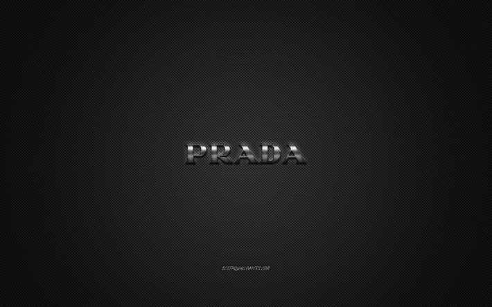 prada-logo, metall-emblem, bekleidungs-marke, schwarz-carbon-textur, die globale bekleidungs-marken, prada, mode-konzept, prada emblem