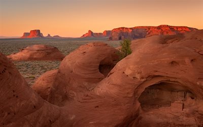 Ancestral Puebloans, Ancient Pueblo Ruin, sunset, red rocks, mountain landscape, Arizona, New Mexico, Navajo Nation, United States, USA