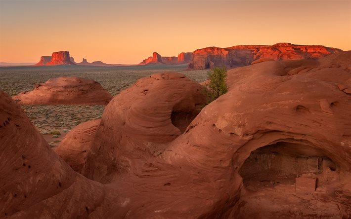 Ancestral Puebloans, Antigos Pueblo Ru&#237;na, p&#244;r do sol, red rocks, paisagem de montanha, Arizona, Novo M&#233;xico, Na&#231;&#227;o Navajo, Estados Unidos, EUA