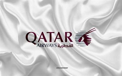 Qatar Airways logo, u&#231;ak, beyaz ipek doku, havayolu logoları, Qatar Airways amblemi, ipek arka plan, ipek bayrak, Qatar Airways