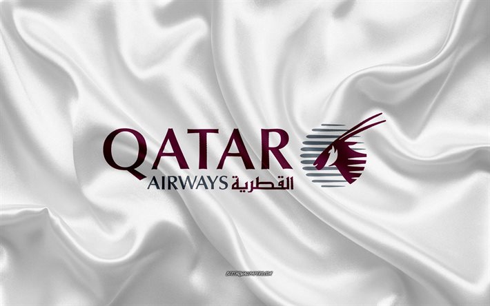 Qatar Airways logotipo, companhia a&#233;rea, de seda branca de textura, companhia a&#233;rea logotipos, Qatar Airways emblema, seda de fundo, seda bandeira, Qatar Airways