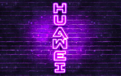 4K, Huawei violet logo, vertical text, violet brickwall, Huawei neon logo, creative, Huawei logo, artwork, Huawei