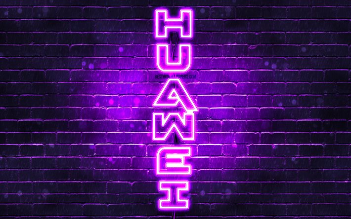4K, Huawei violett logotyp, vertikal text, violett brickwall, Huawei neon logotyp, kreativa, Huawei logotyp, konstverk, Huawei