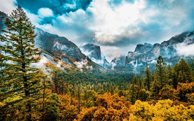 Yosemite National Park, 4k, h&#246;st, berg, skogen, Sierra Nevada, Kalifornien, USA, vacker natur, h&#246;sten landskap